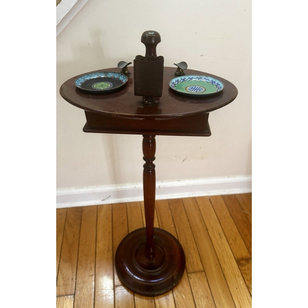 RARE H.T. CUSHMAN 70 ANTIQUE SMOKING STAND – 2 CLOISONNÉ ASHTRAYS – 27" TALL.